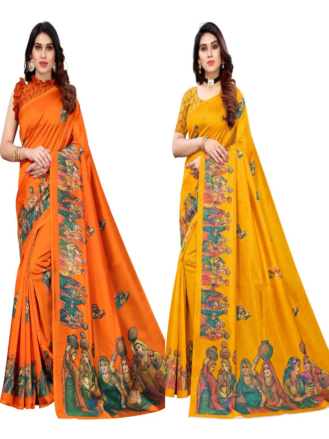 

AADVIKA Pack Of 2 Orange & Yellow Ethnic Motifs Art Silk Mysore Silk Saree