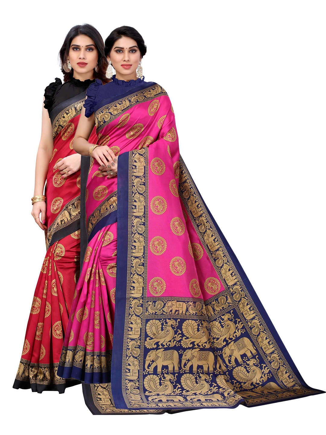

AADVIKA Red & Pink Pack of 2 Ethnic Motifs Art Silk Saree