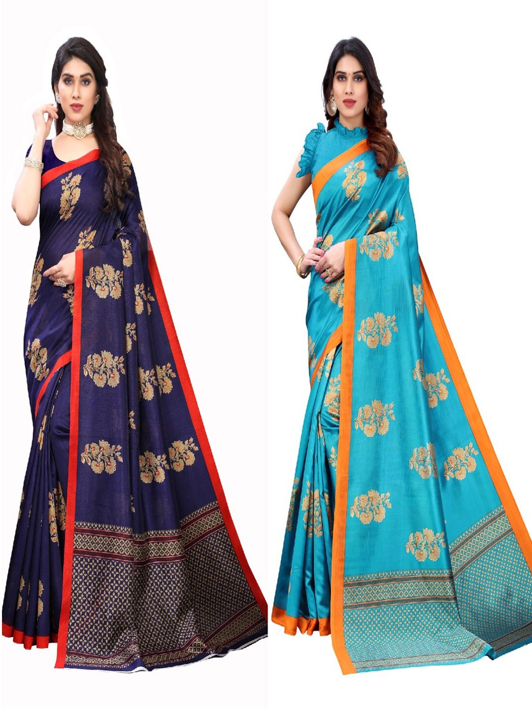 

AADVIKA Pack Of 2 Navy Blue & Orange Floral Art Silk Saree