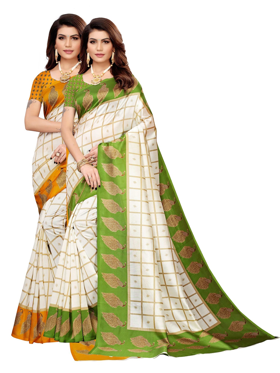 

AADVIKA Pack Of 2 Off White & Yellow Woven Design Art Silk Saree