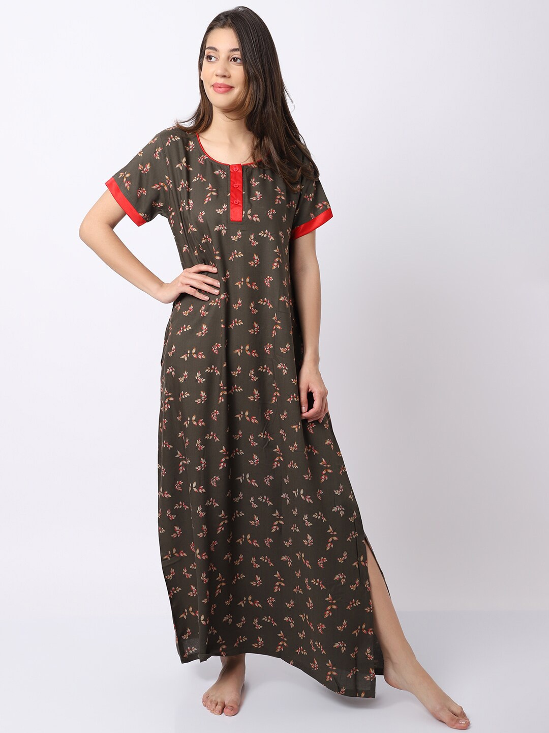 

Claura Brown Printed Maxi Nightdress