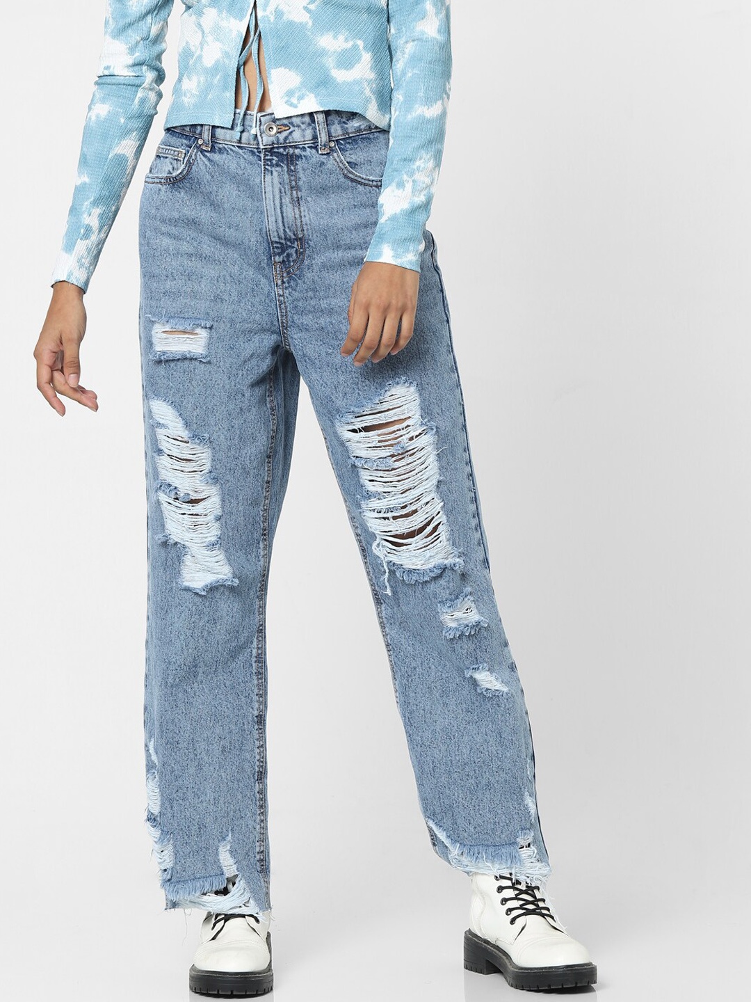 

ONLY Women Blue Straight Fit High-Rise Highly Distressed Jeans