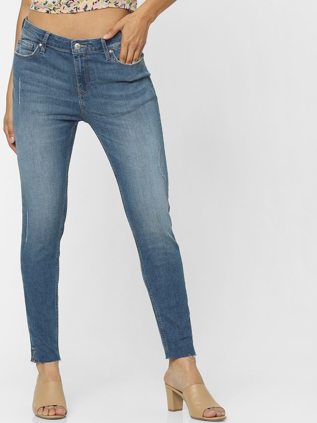 

ONLY Women Blue Skinny Fit High-Rise Low Distress Light Fade Jeans