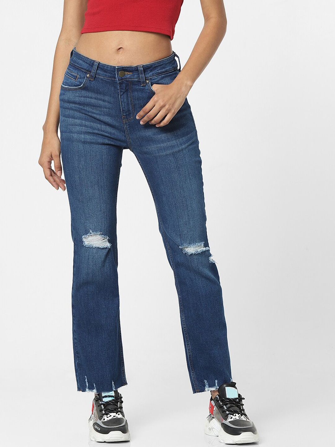 

ONLY Women Blue Straight Fit High-Rise Mildly Distressed Jeans