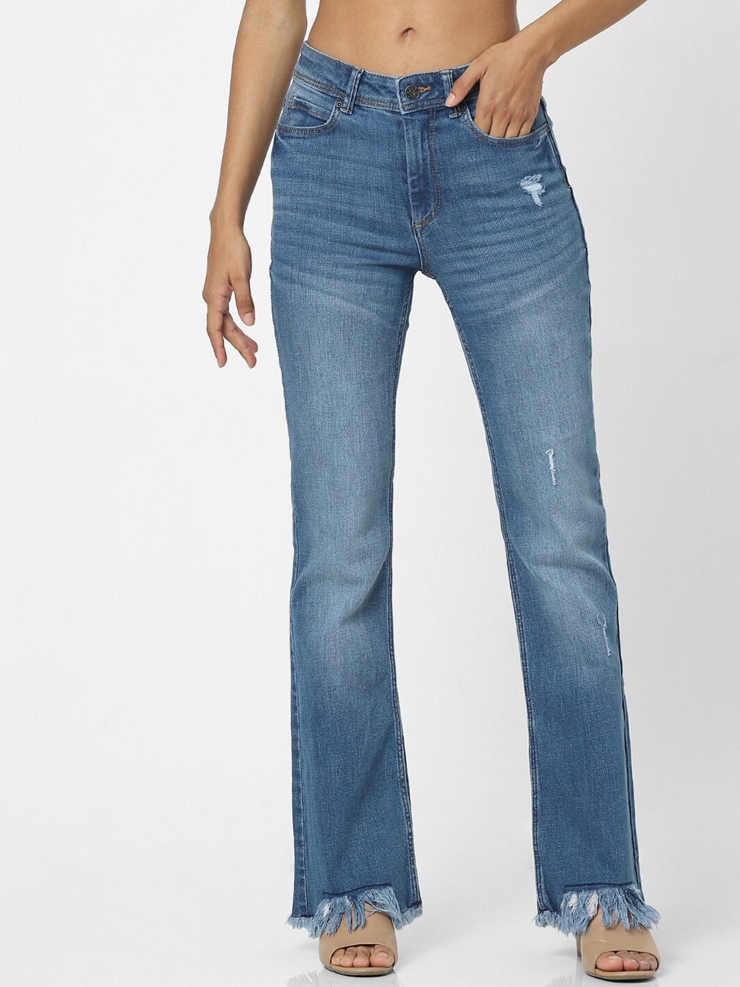 

ONLY Women Blue Bootcut High-Rise Low Distress Heavy Fade Jeans
