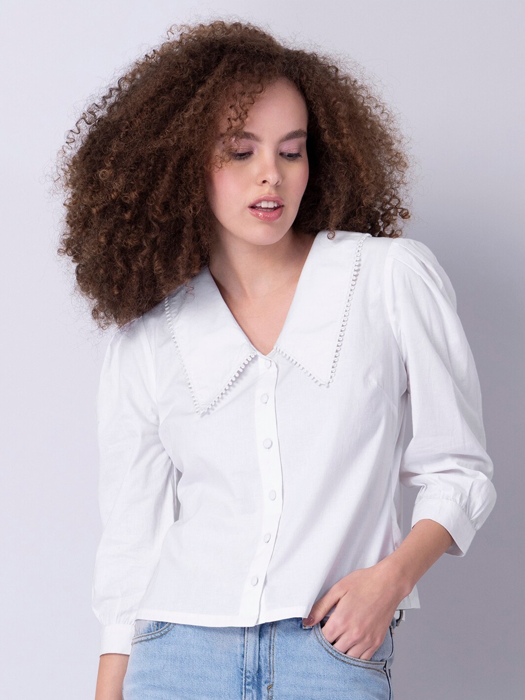 

FabAlley Women White Poplin Trim Collared Shirt Style Crop Top