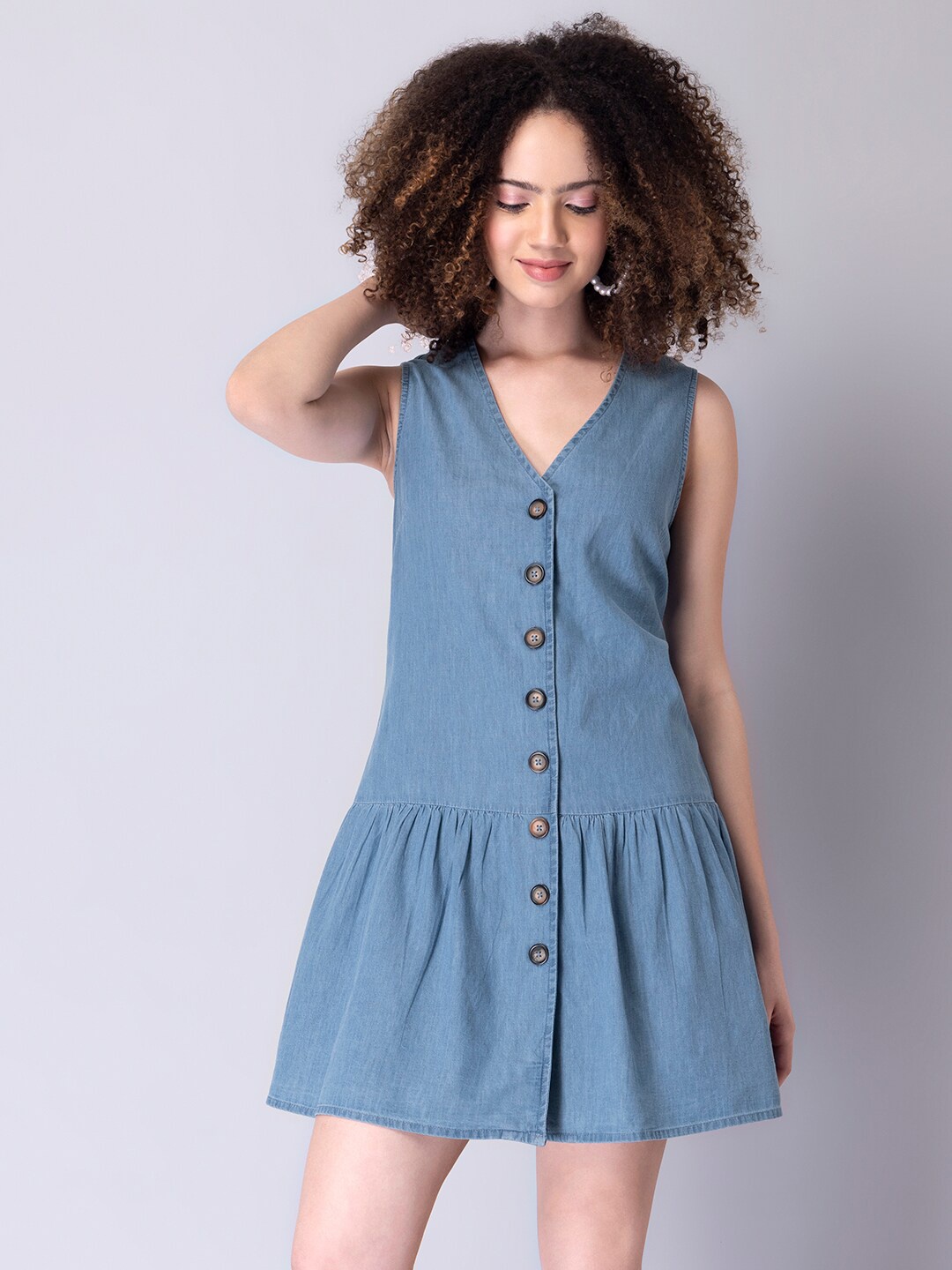 

FabAlley Blue Denim Drop-Waist Mini Dress