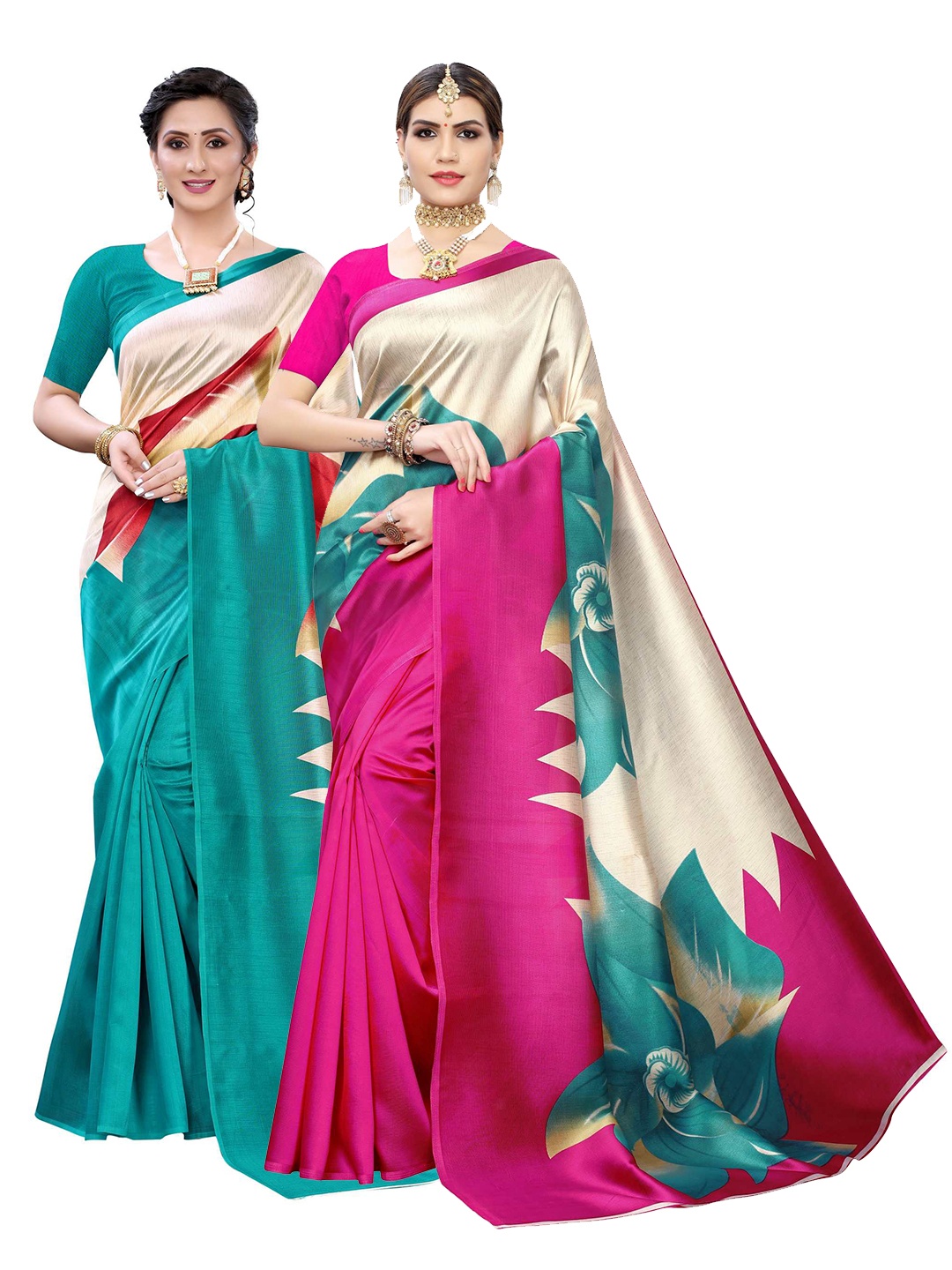 

AADVIKA Green & Pink Pack of 2 Floral Art Silk Saree