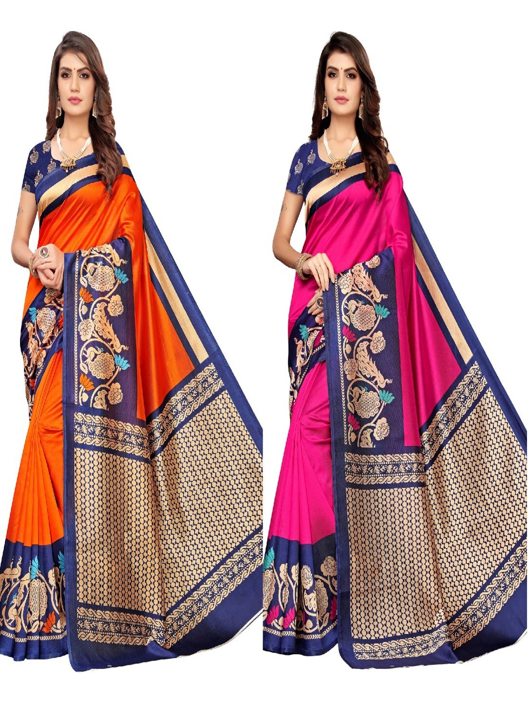 

AADVIKA Set of 2 Printed Art Silk Mysore Silk Sarees, Pink