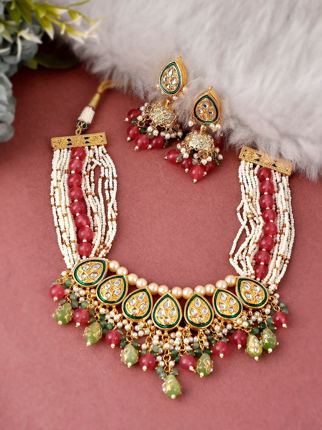 

DASTOOR Gold-Plated Pink & White Beaded Jewellery Set