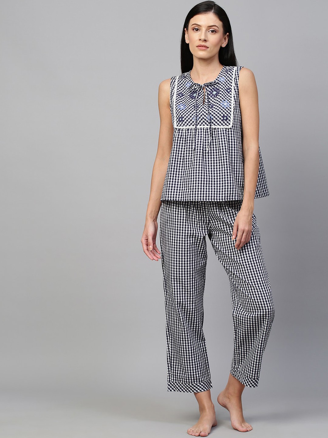 

Chemistry Women Navy Blue & White Checked Night suit