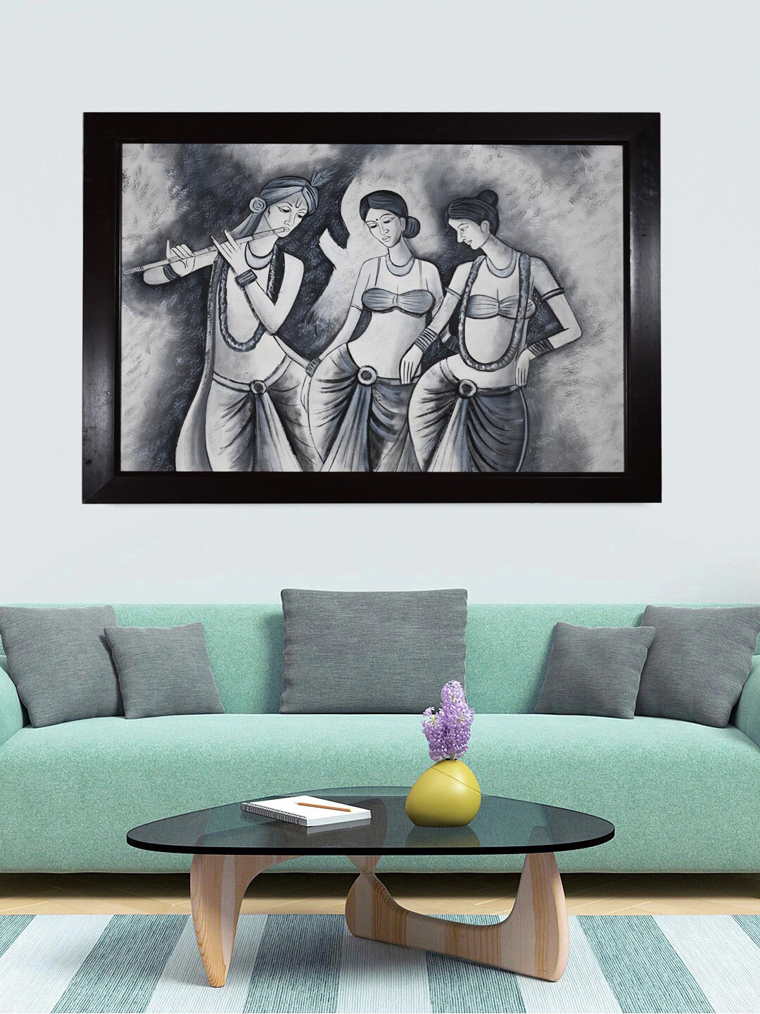 

Gallery99 Oil Painting Black & White Krishna With Gopis Handmade Oil Painting On Canvas