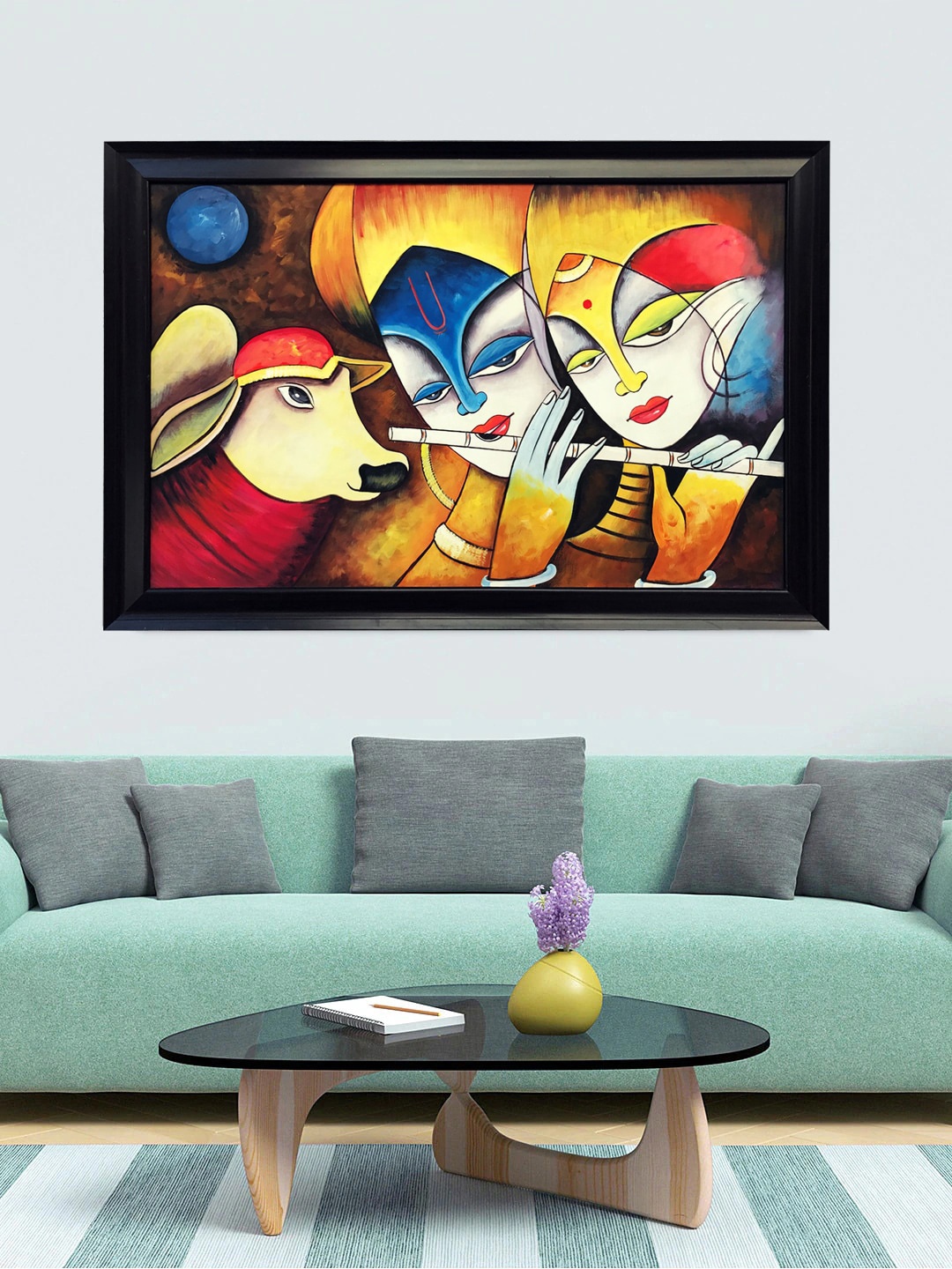 

Gallery99 Gold & Red Krishna with Radha & Nandi Canvas Oil Painting Framed Wall Art