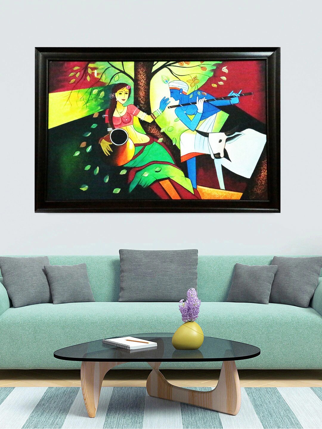 

Gallery99 Green And Yellow Krishna With Radha & Nandi Canvas Framed Oil Painting Wall Art