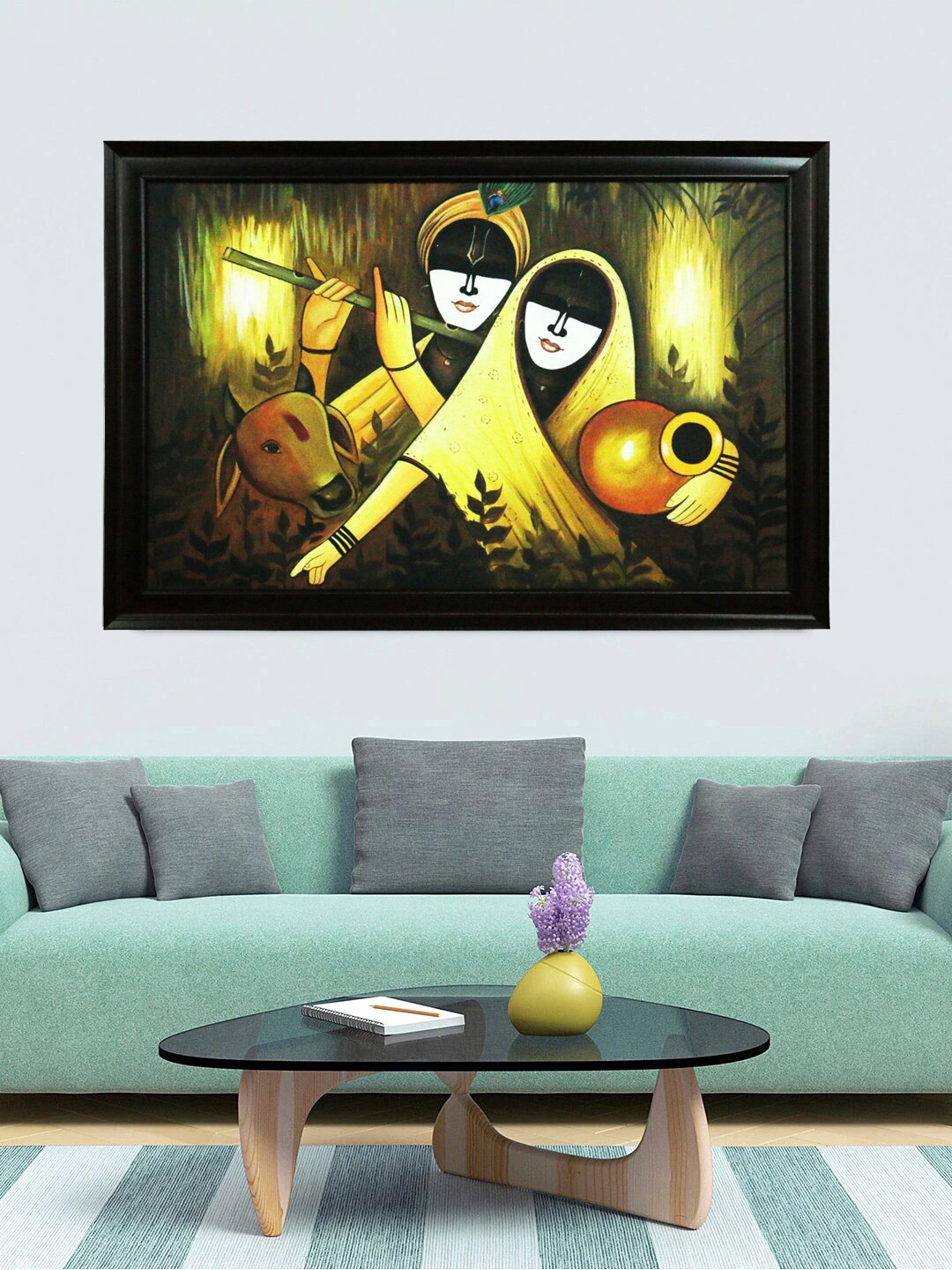 Gallery99 Black & Yellow Krishna with Radha Handmade Oil Painting Wall Art
