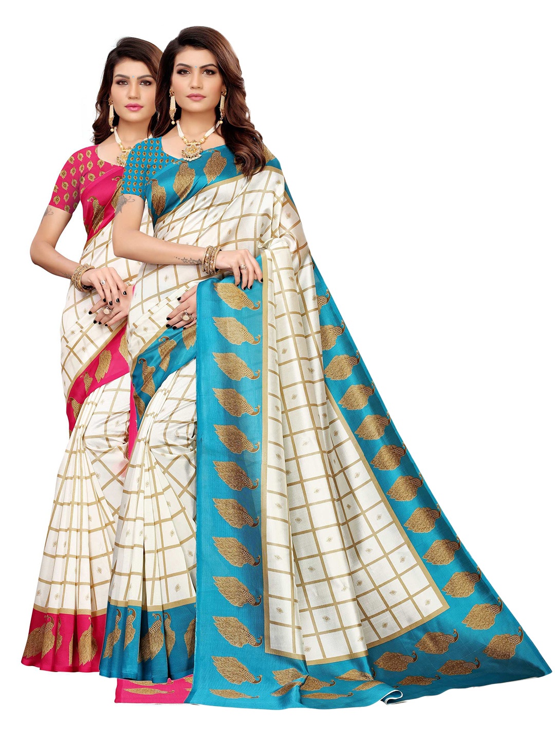 

AADVIKA Pack of 2 Off White & Blue Checked Art Silk Saree