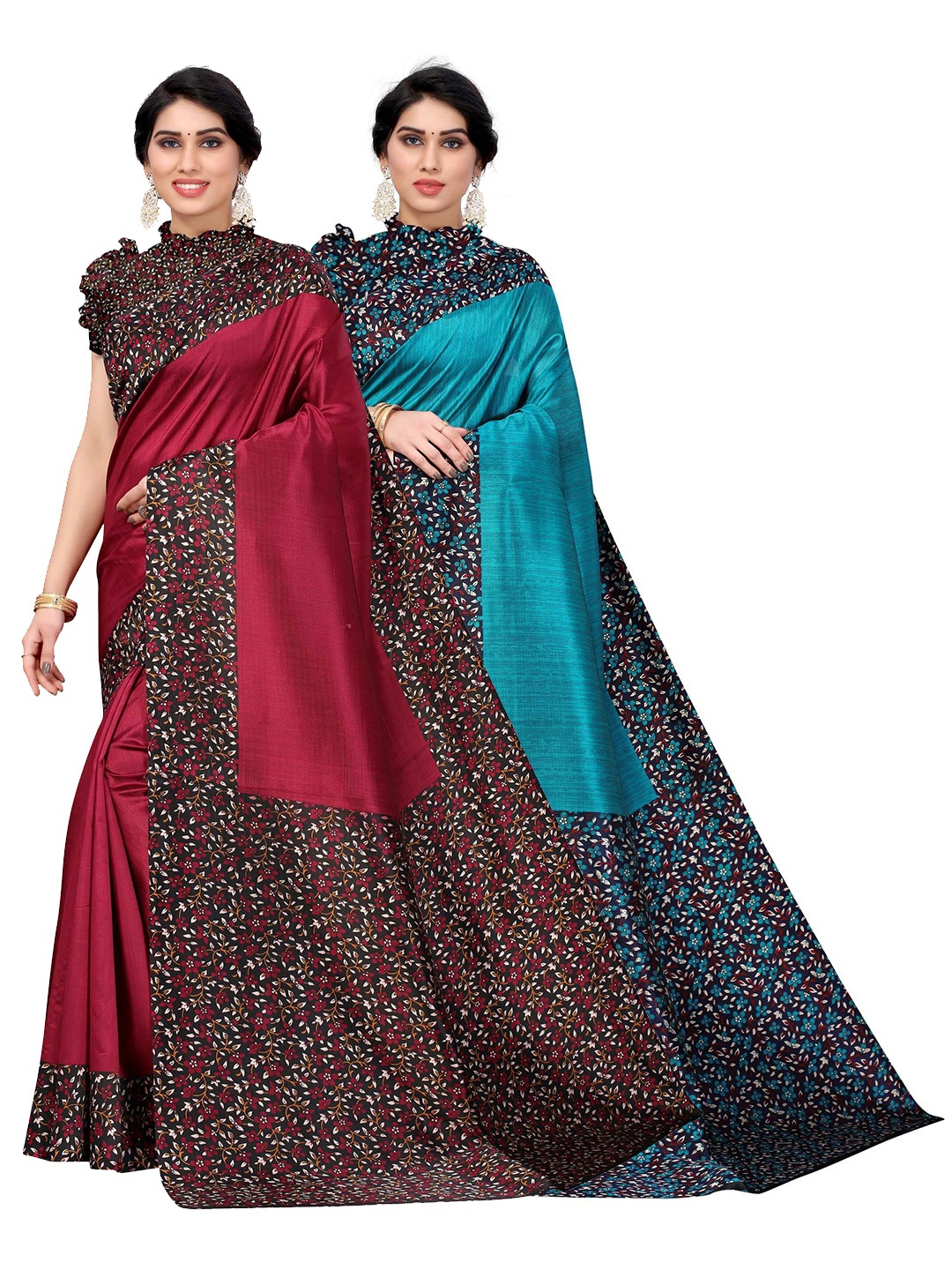 

AADVIKA Pack of 2 Women Blue & Maroon Floral Art Silk Mysore Silk Saree