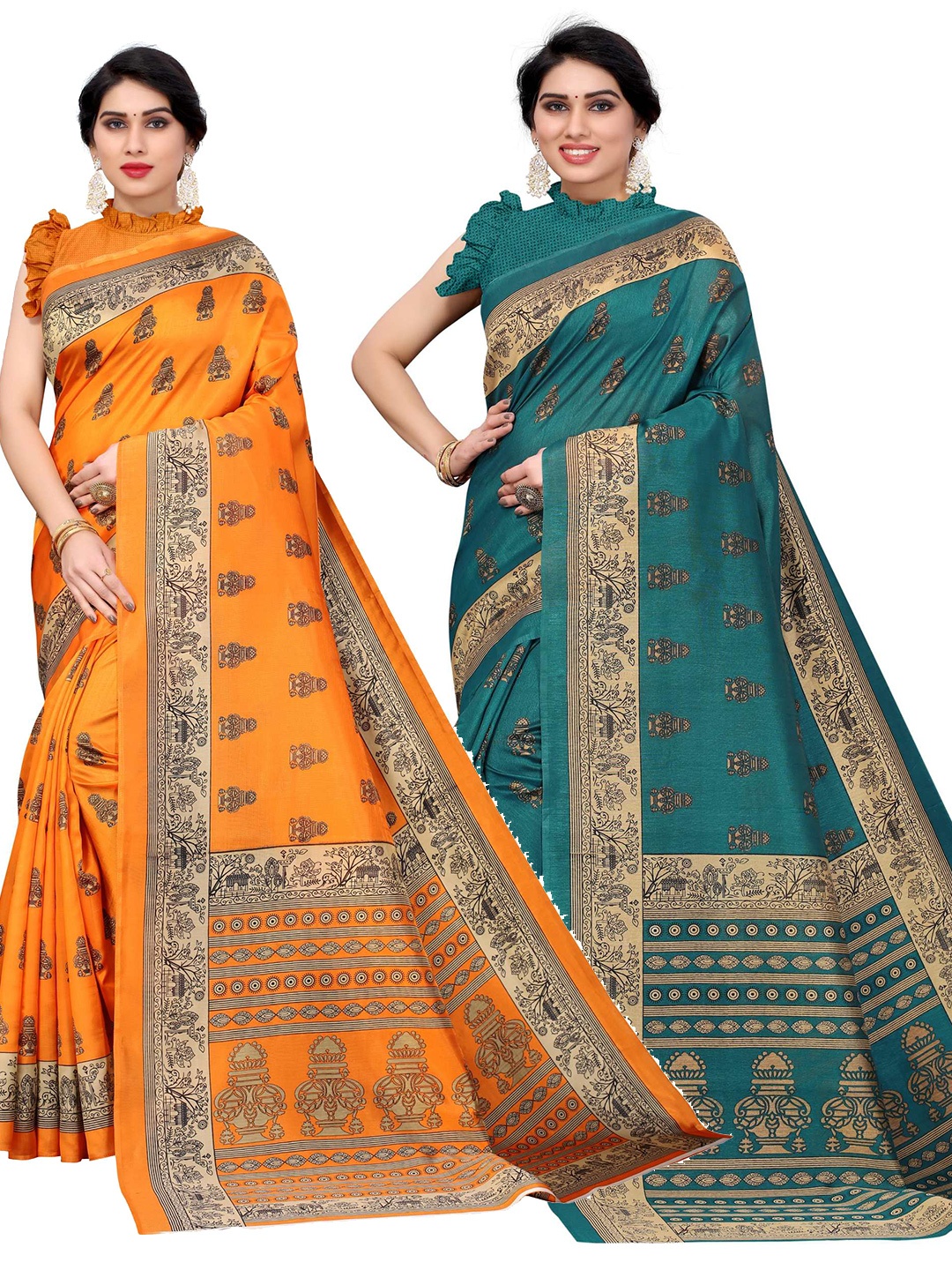 

AADVIKA Pack of 2 Orange & Green Ethnic Motifs Art Silk Saree