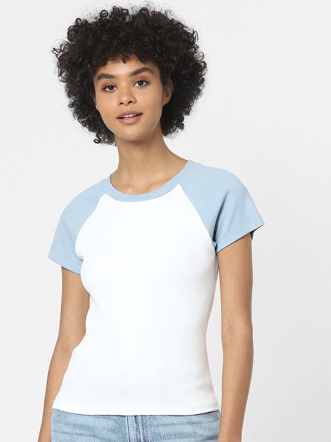 

ONLY Women White & Blue Colourblocked T-shirt