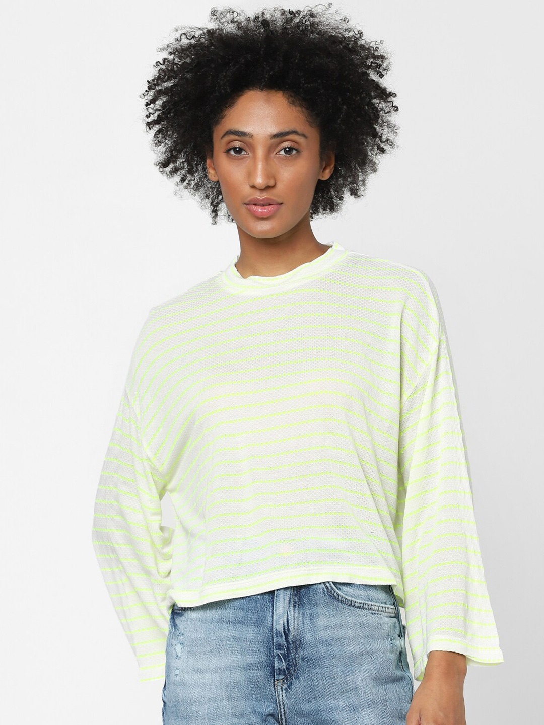 

ONLY White & Fluorescent Green Striped Top