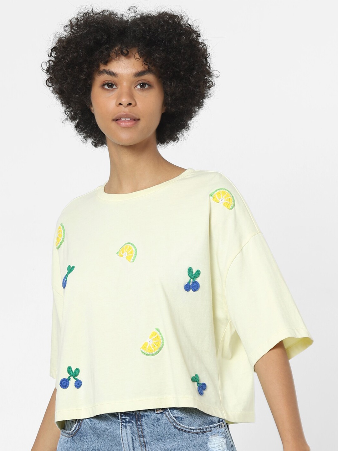 

ONLY Women Yellow Printed Drop-Shoulder Sleeves Boxy Cotton T-shirt