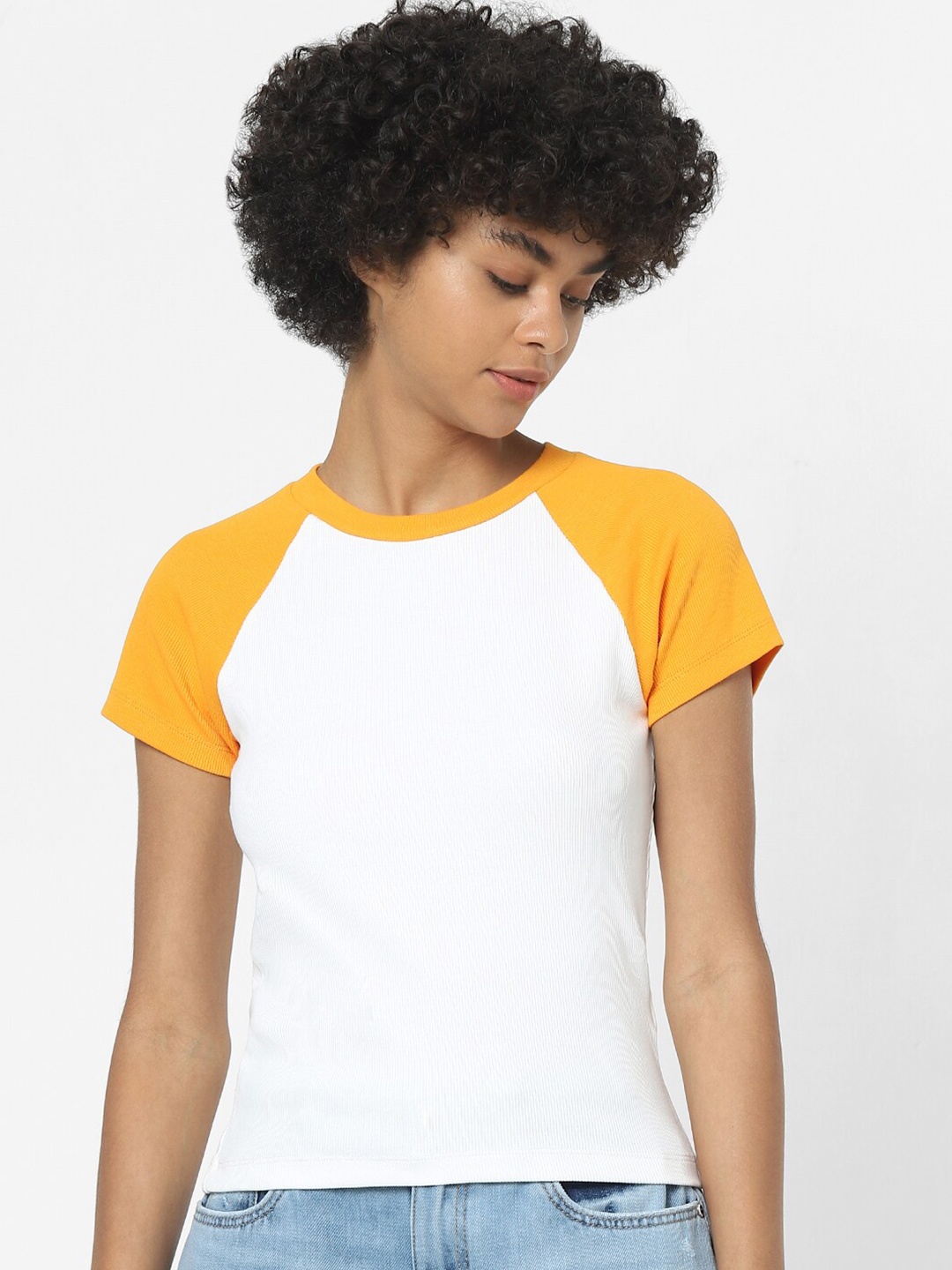 

ONLY Women White & Yellow Colourblocked T-shirt