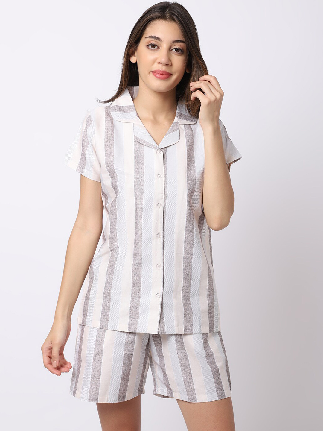 

Claura Women Beige & Grey Striped Night suit
