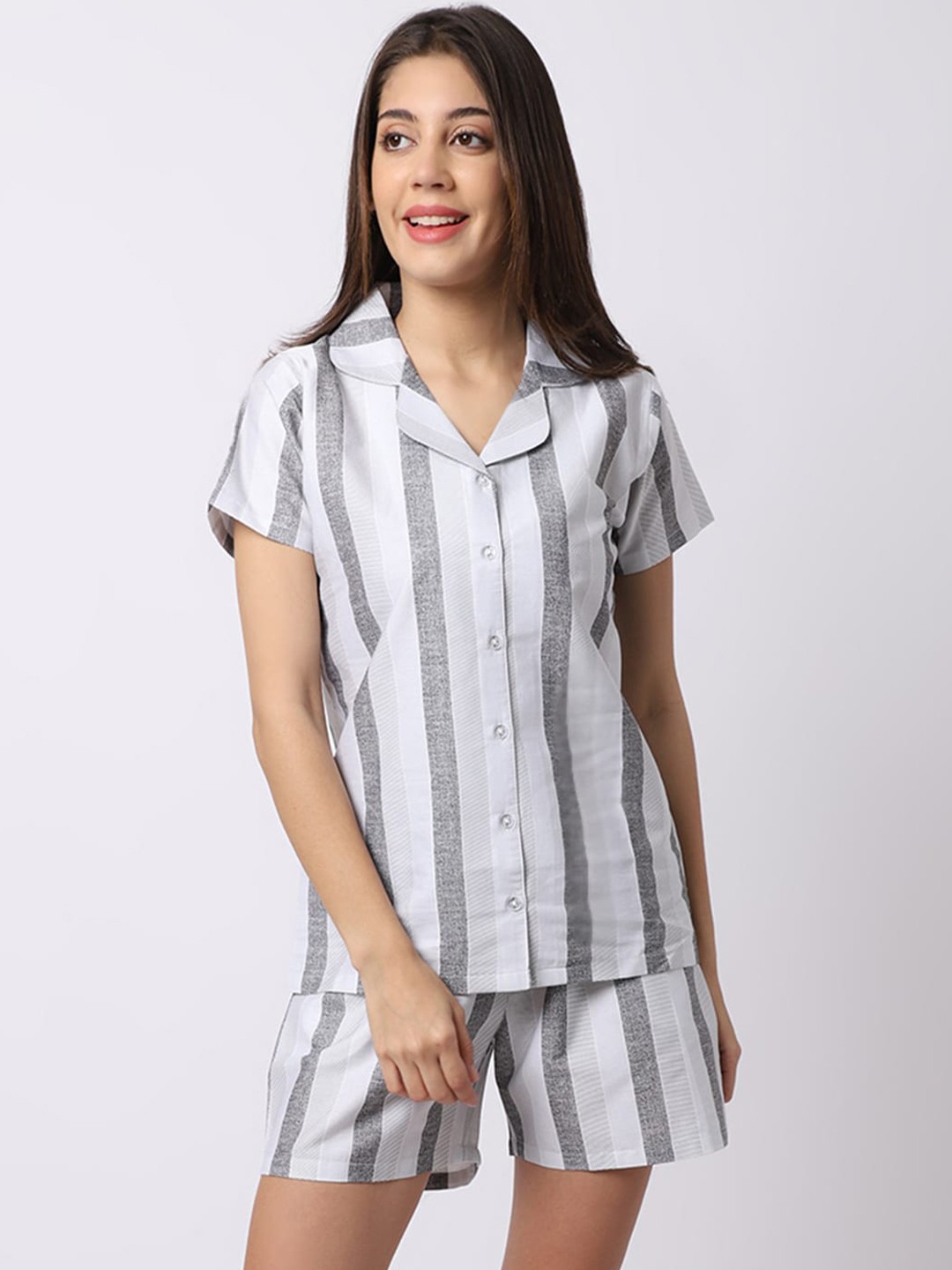 

Claura Women Grey & White Striped Night suit