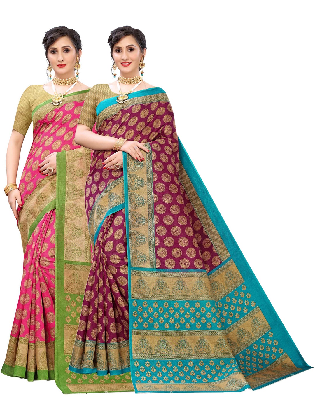 

AADVIKA Pack Of 2 Pink & Purple Woven Design Art Silk Saree