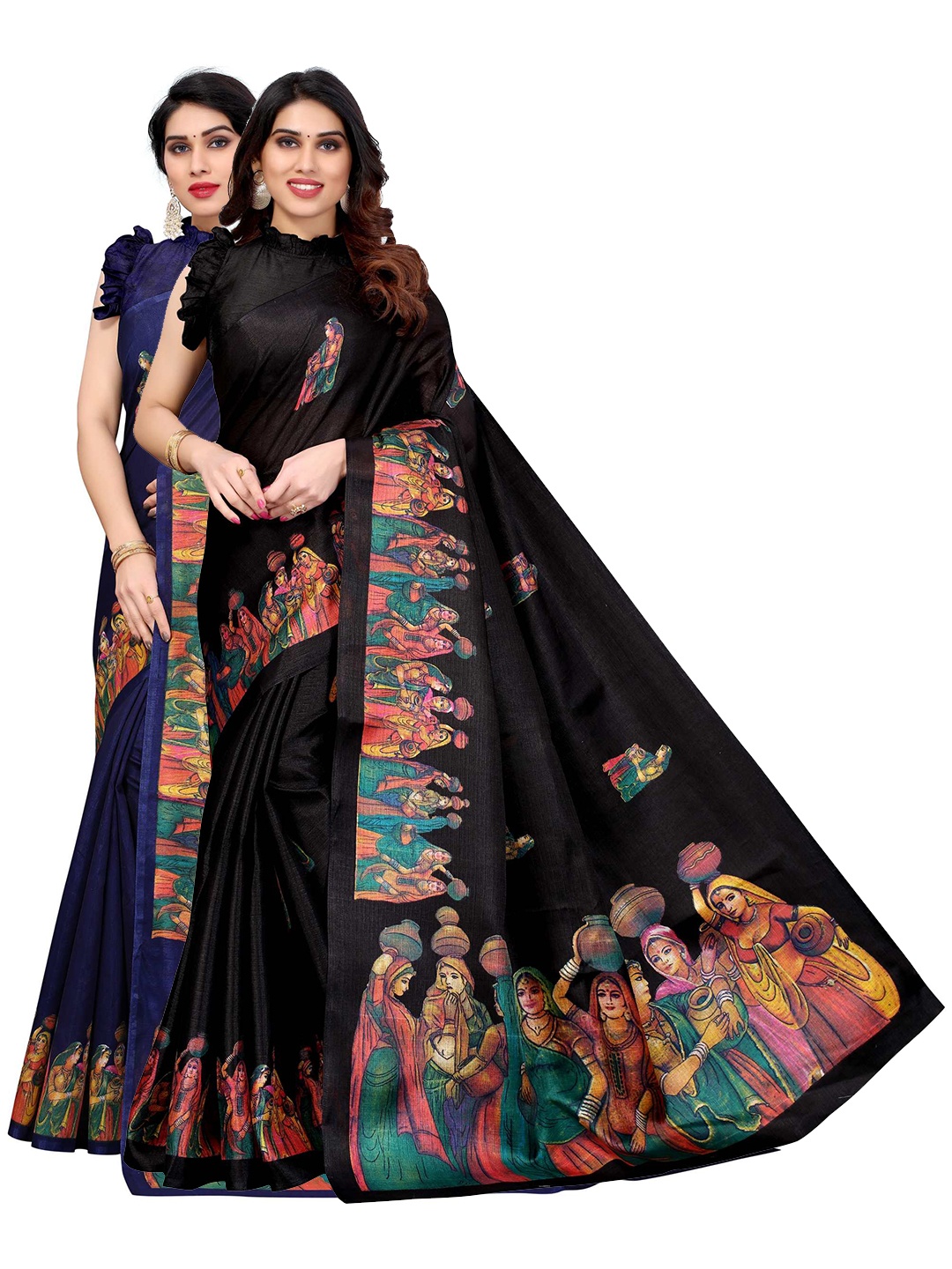 

AADVIKA Pack of 2 Black & Navy Blue Ethnic Motifs Art Silk Mysore Silk Saree