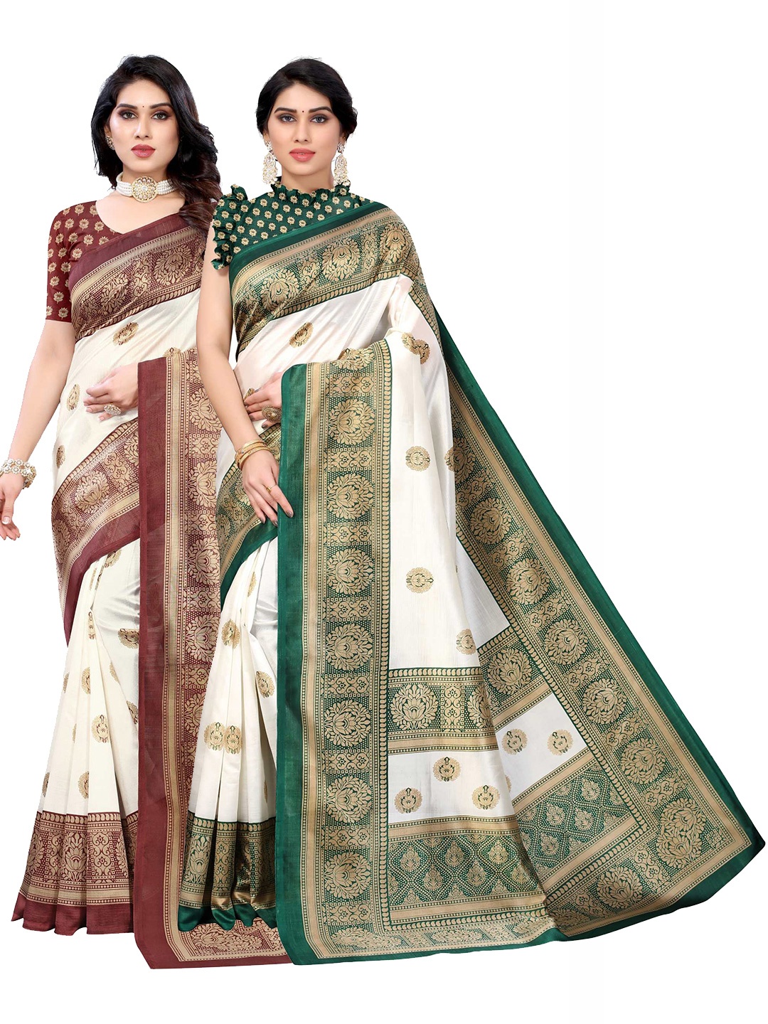 

AADVIKA Women Set of 2 Green & Brown Printed Art Silk Mysore Silk Saree