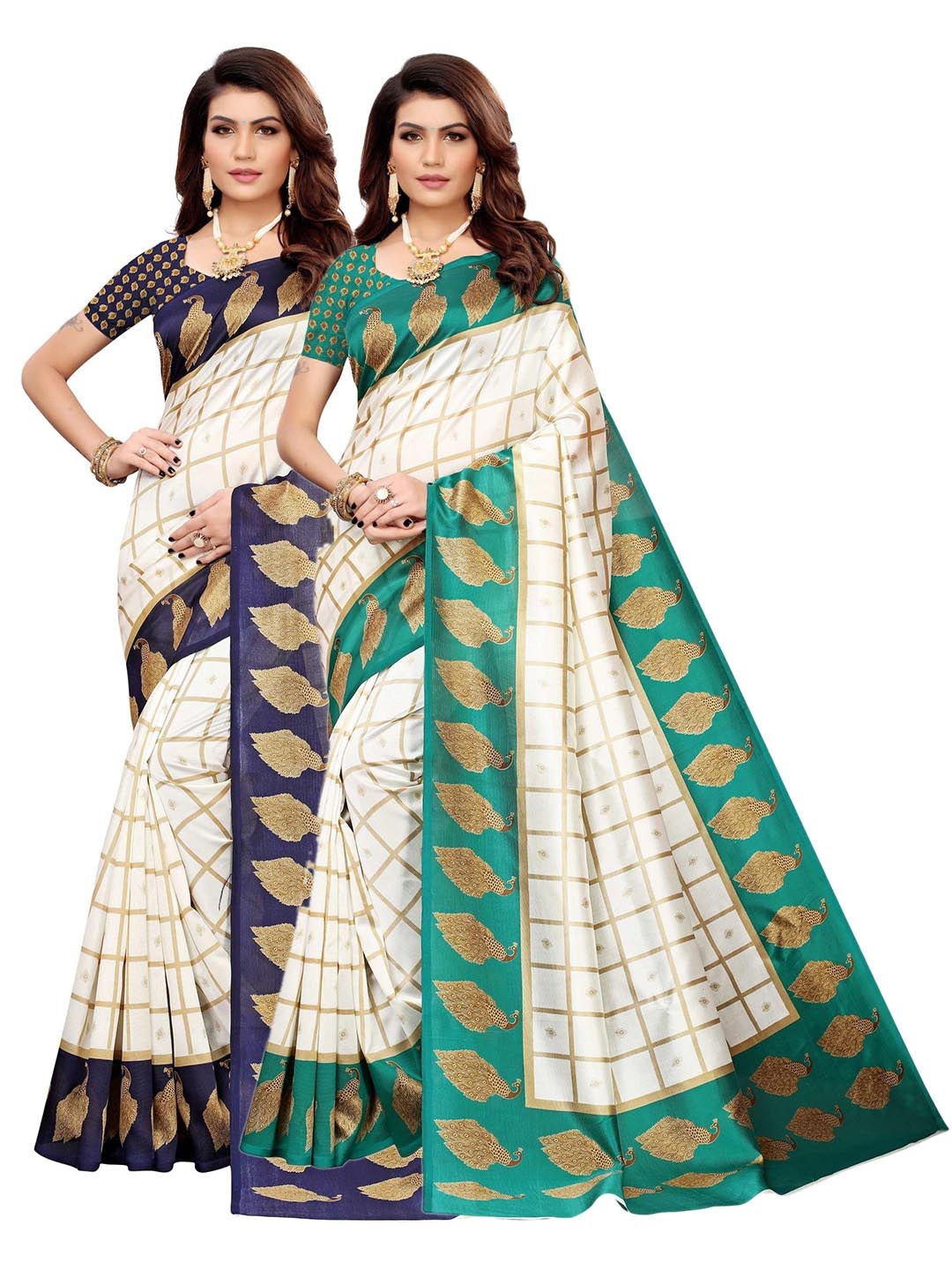 

AADVIKA Pack of 2 Off White & Green Checked Art Silk Saree