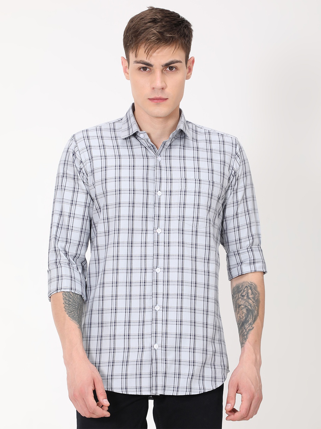 

PLATYPUSS Men Grey Modern Tartan Checks Checked Casual Shirt