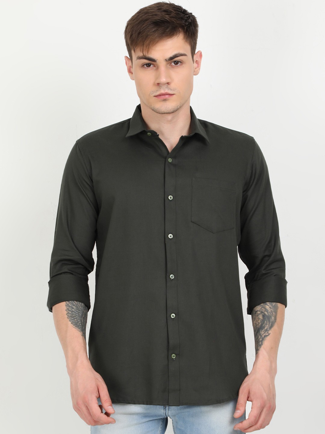 

PLATYPUSS Men Olive Green Solid Cotton Modern Casual Shirt