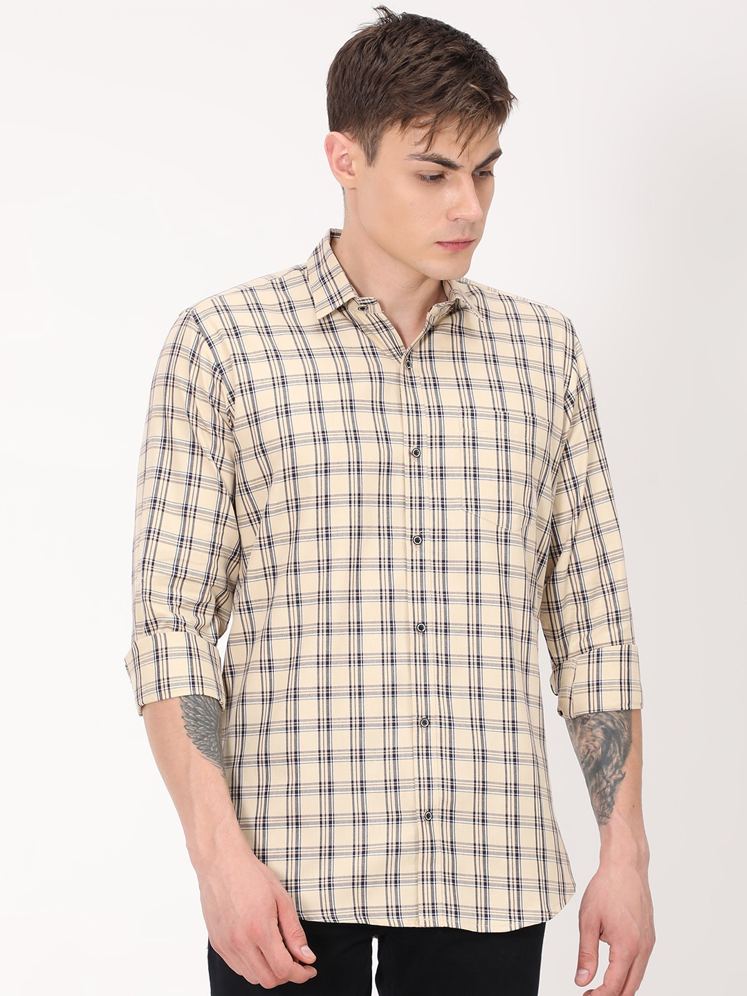 

PLATYPUSS Men Yellow Checked Cotton Modern Casual Shirt