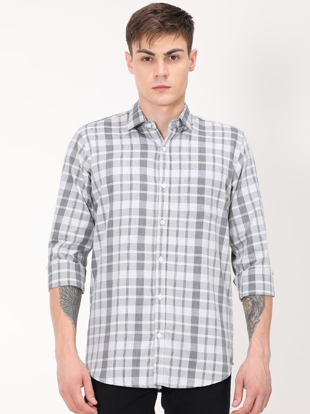 

PLATYPUSS Men Grey Checked Cotton Modern Casual Shirt