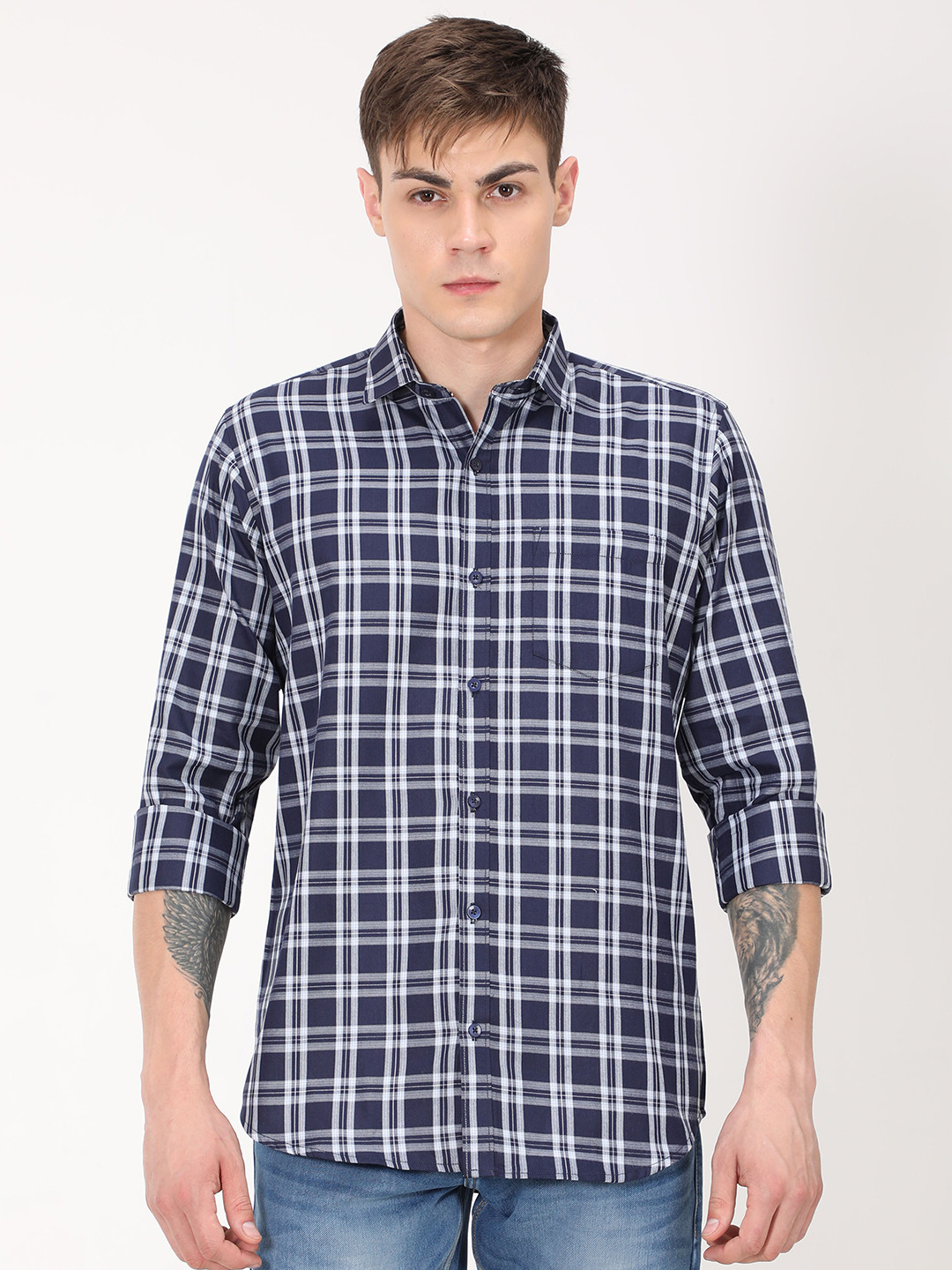 

PLATYPUSS Men Blue Checked Cotton Modern Casual Shirt