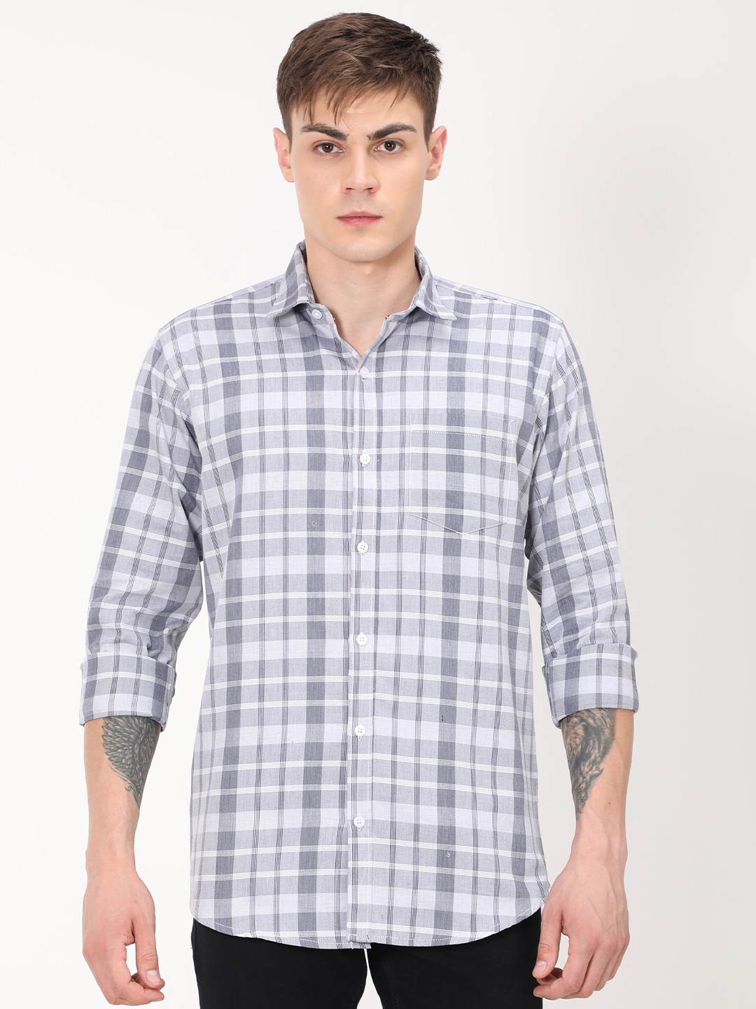 

PLATYPUSS Men Blue Checked Cotton Modern Casual Shirt