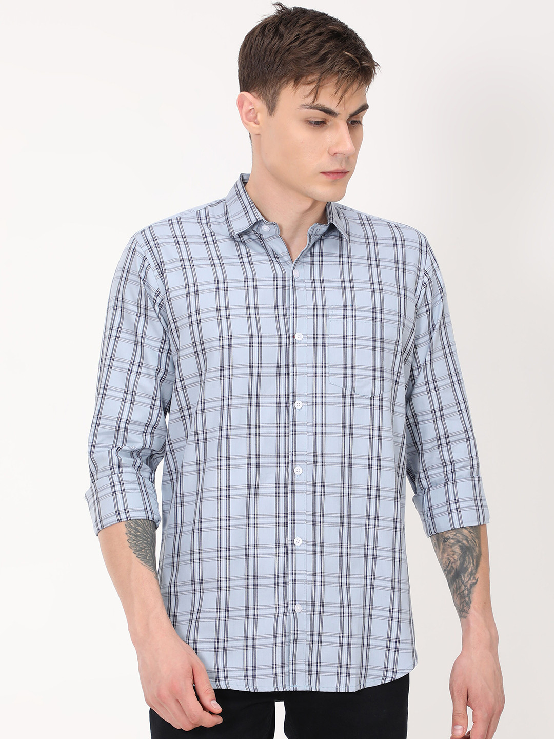 

PLATYPUSS Men Blue Checked Cotton Modern Casual Shirt