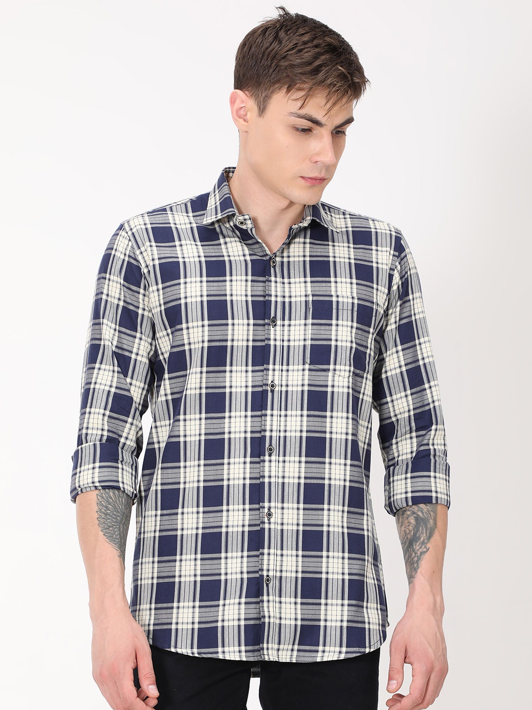 

PLATYPUSS Men Blue Checked Cotton Modern Casual Shirt