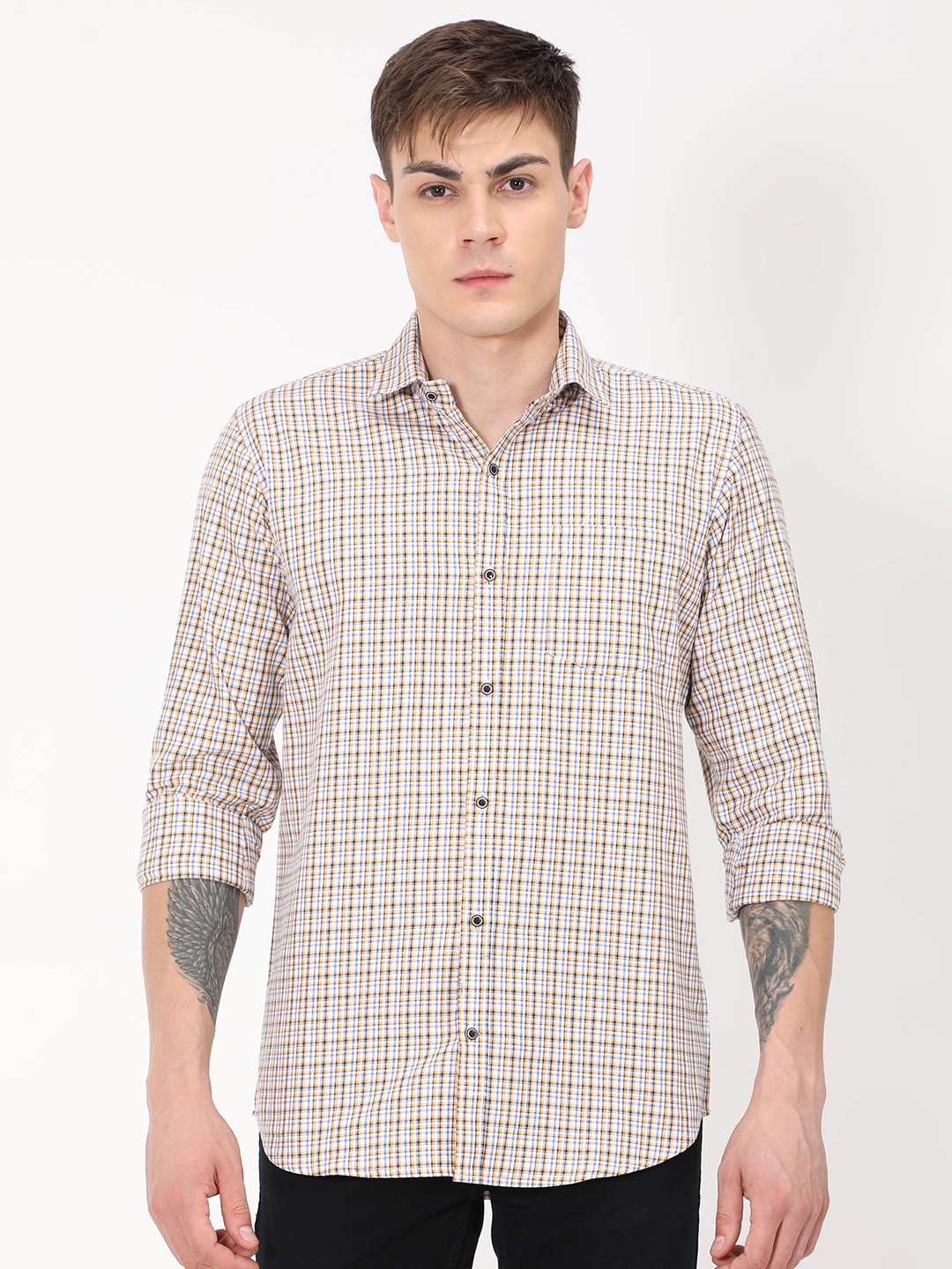 

PLATYPUSS Men White Checked Cotton Modern Casual Shirt