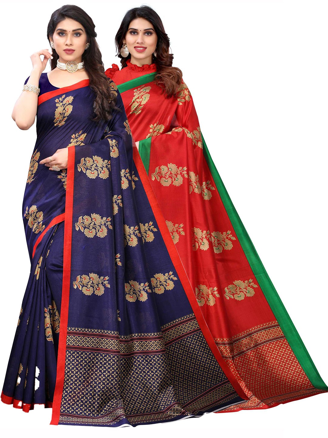

AADVIKA Pack Of 2 Red & Navy Blue Floral Art Silk Saree