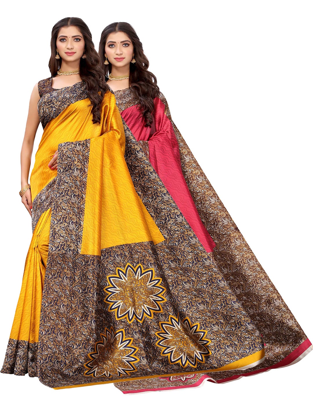 

AADVIKA Pack of 2 Yellow & Pink Art Silk Saree