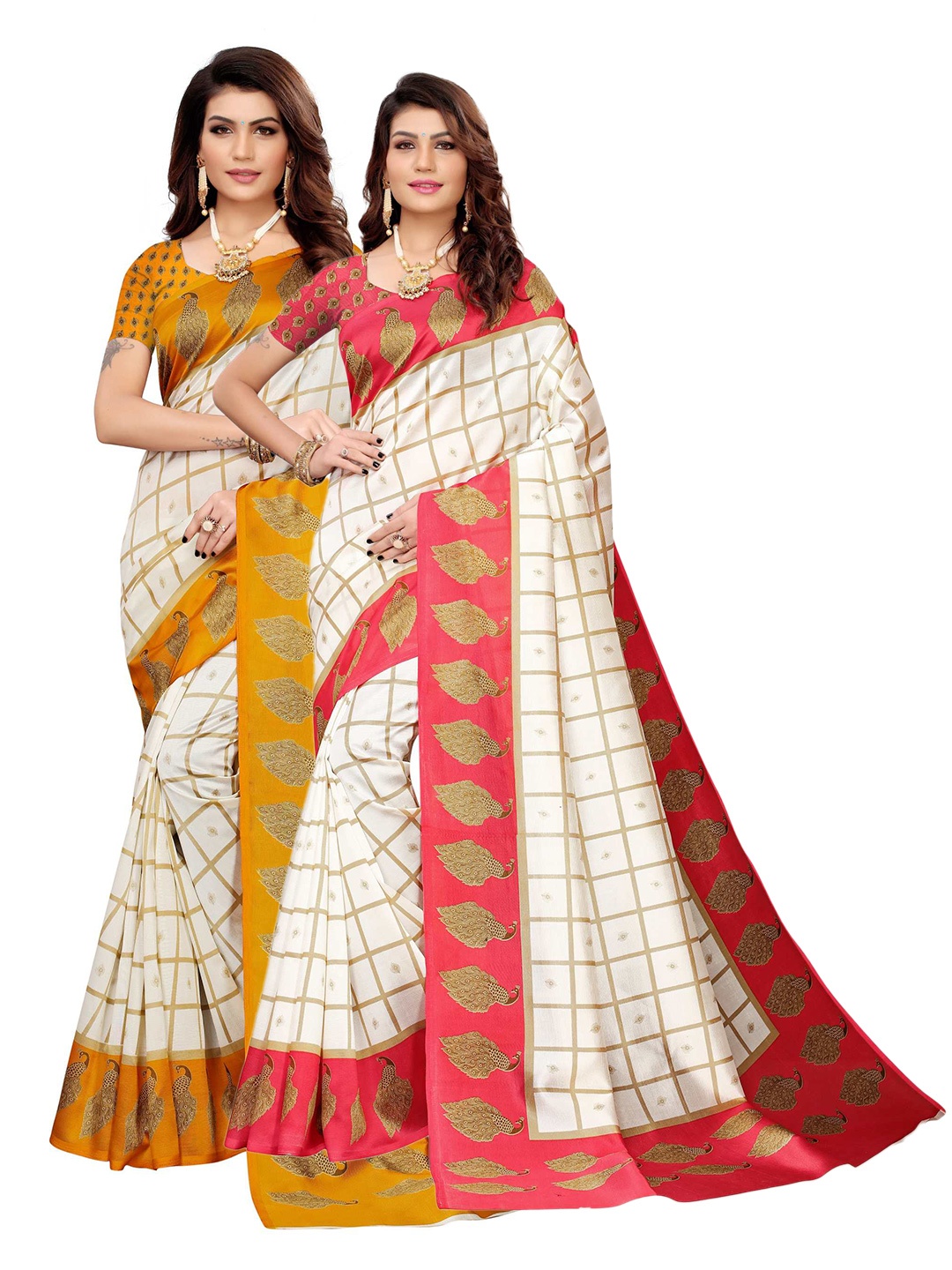 

AADVIKA Pack of 2 Coral & Yellow Checked Art Silk Mysore Silk Saree