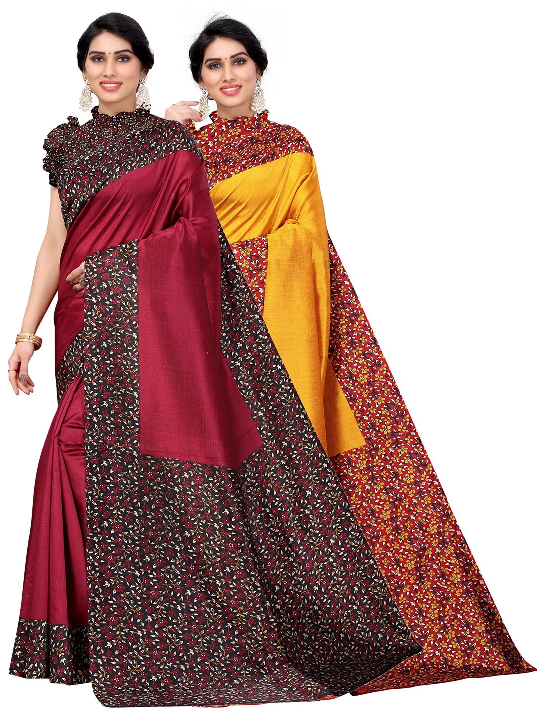 

AADVIKA Pack of 2 Yellow & Maroon Silk Blend Saree