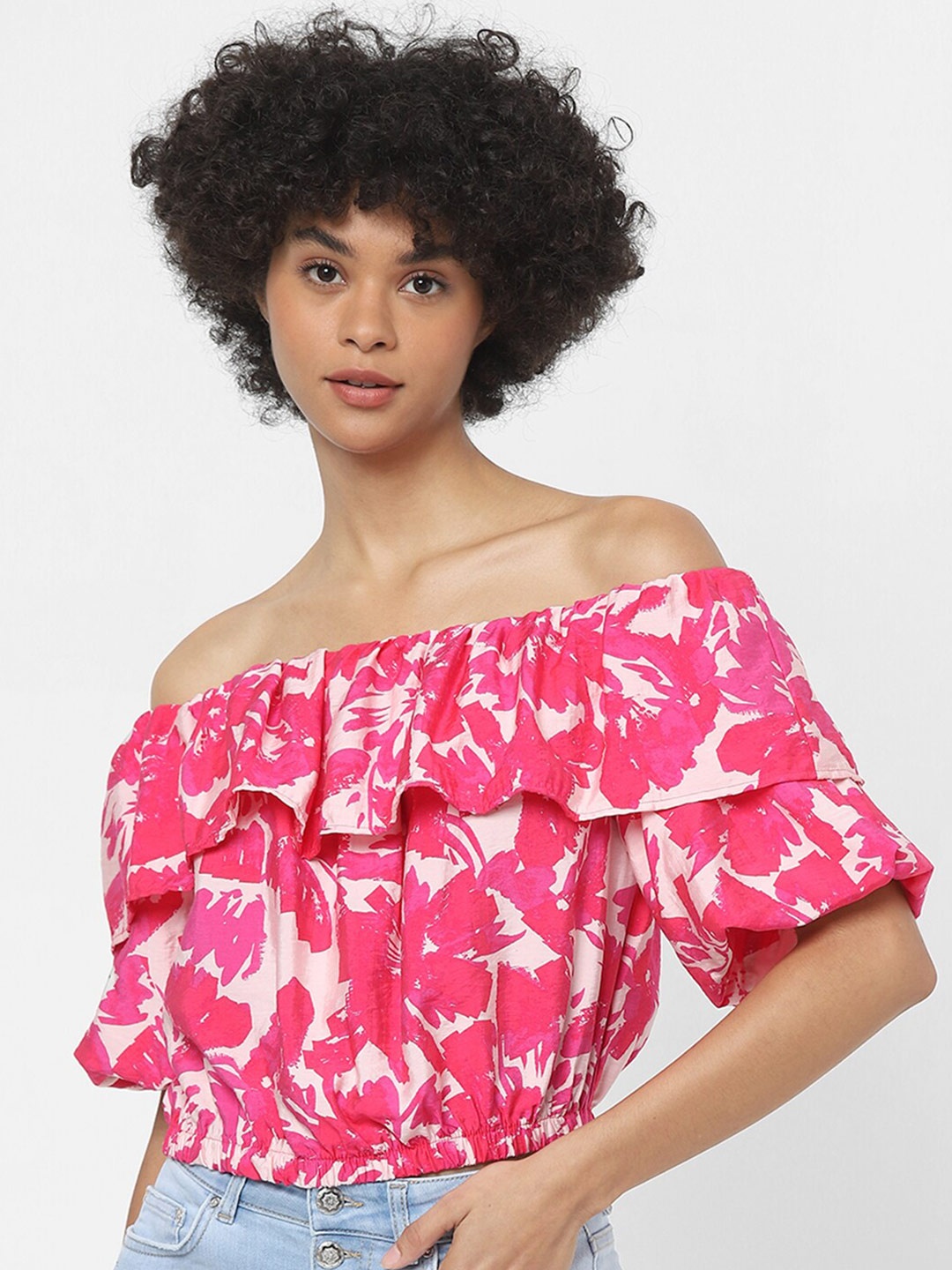 

ONLY Women Pink Floral Print Off-Shoulder Bardot Top