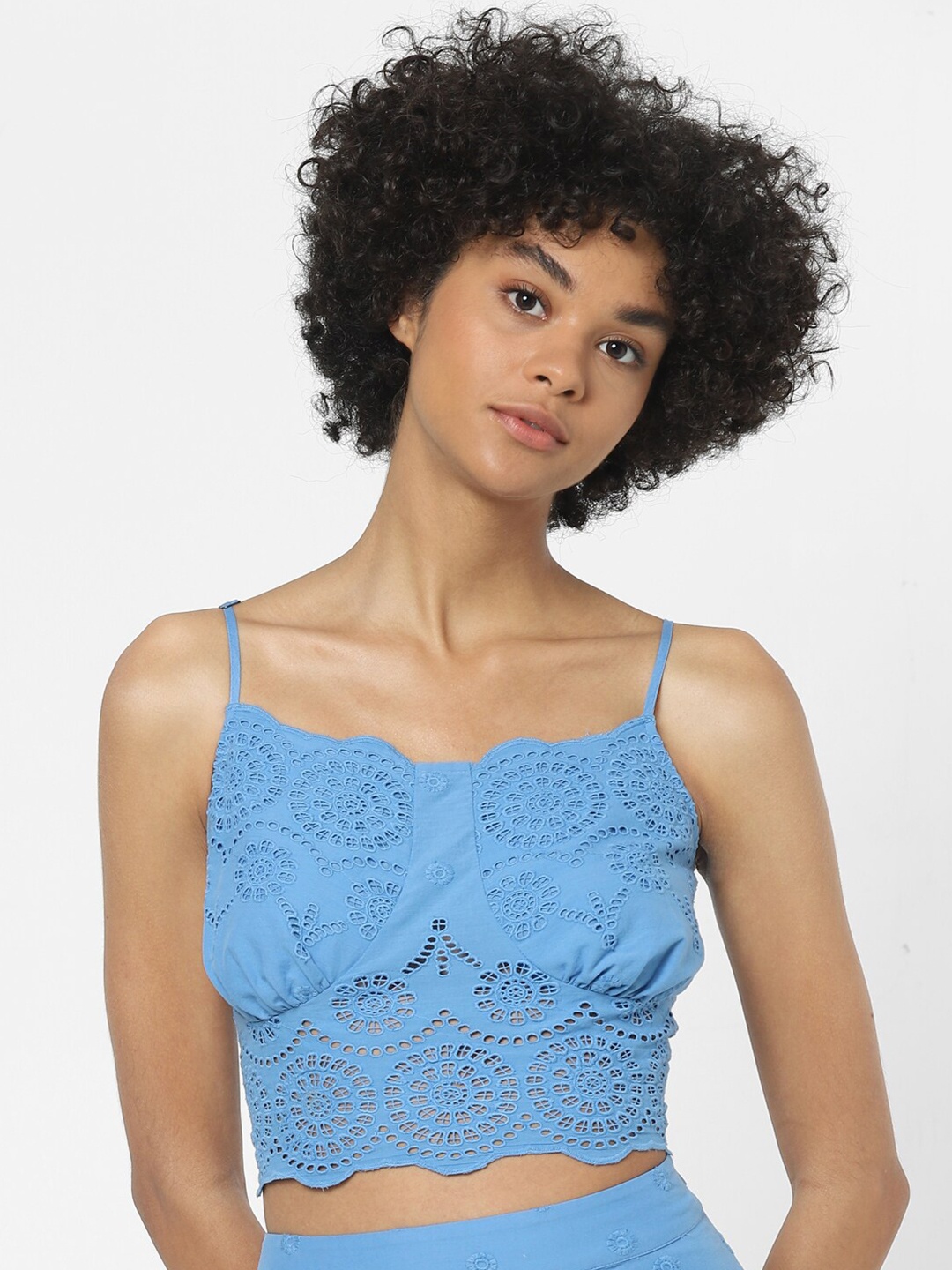 

ONLY Blue Schiffli Smocked Bralette Crop Top