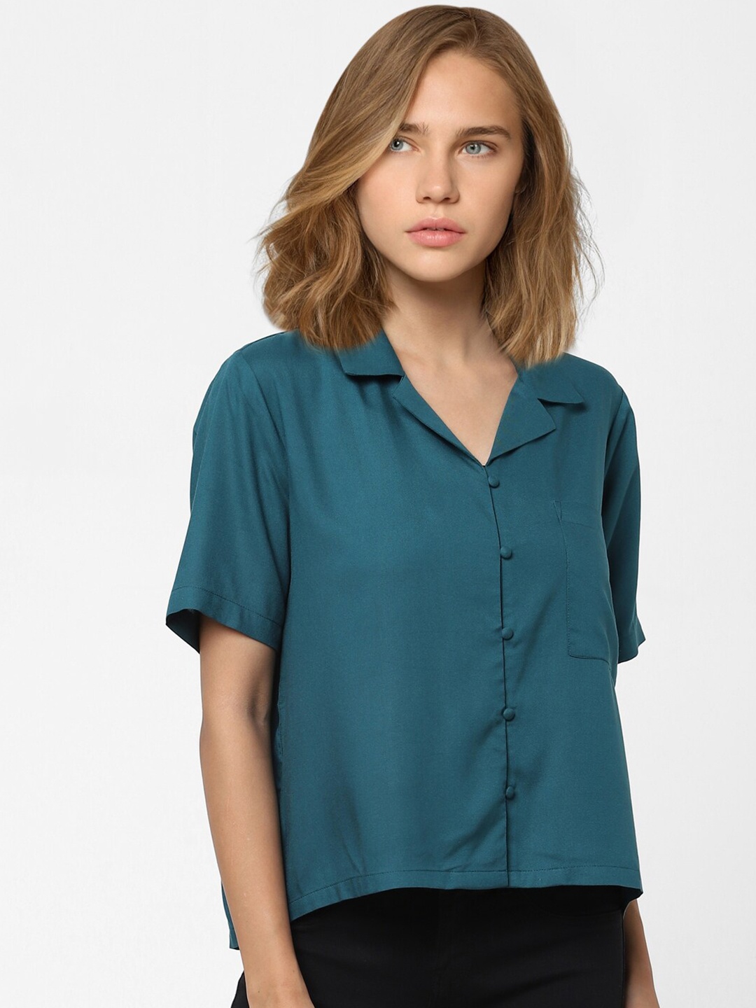 

ONLY Women Teal Shirt Style Crop Top