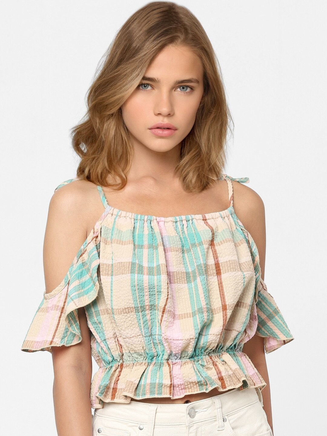 

ONLY Beige Checked Cinched Waist Top