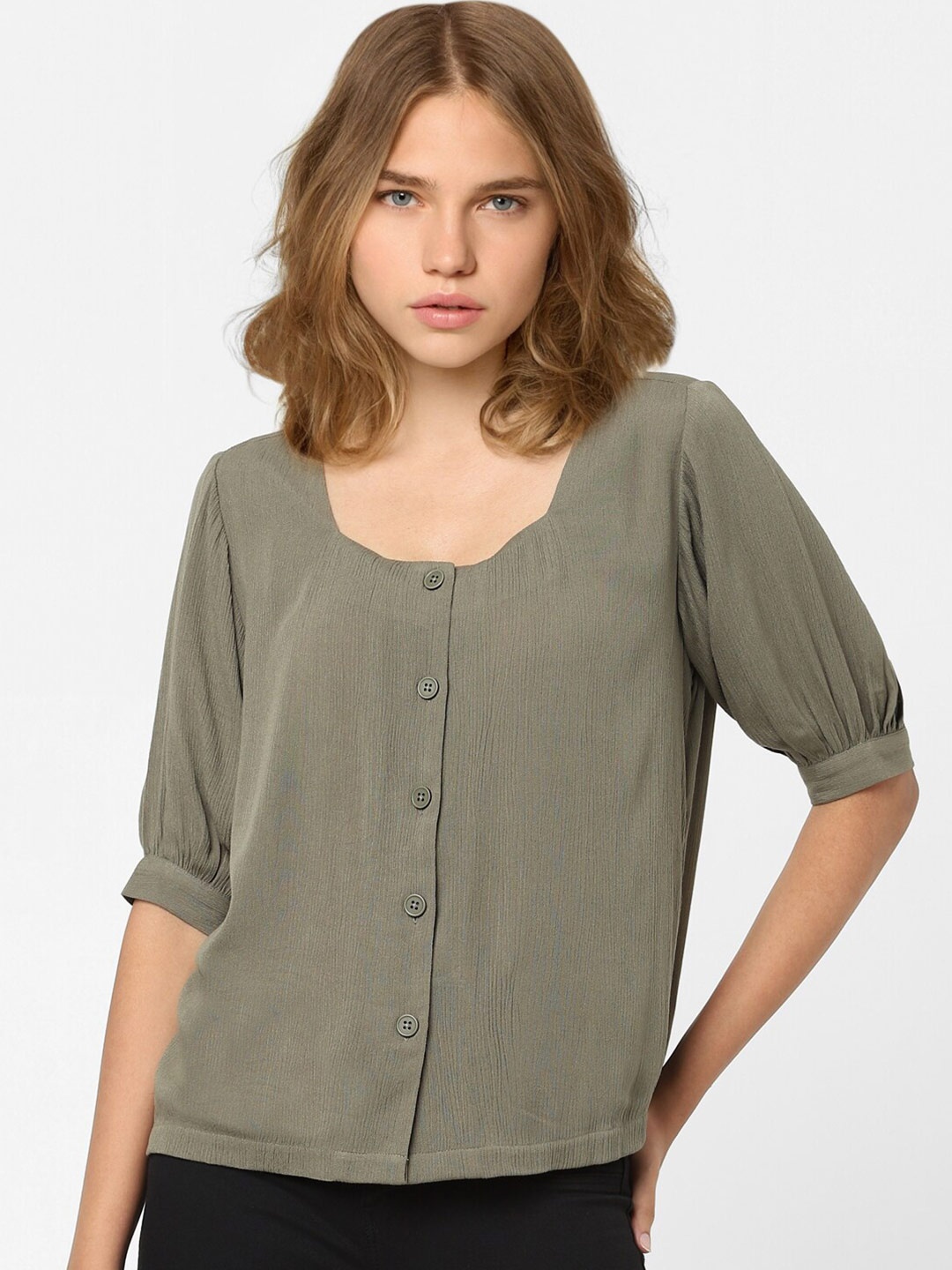 

ONLY Women Olive Green Solid Rayon Top